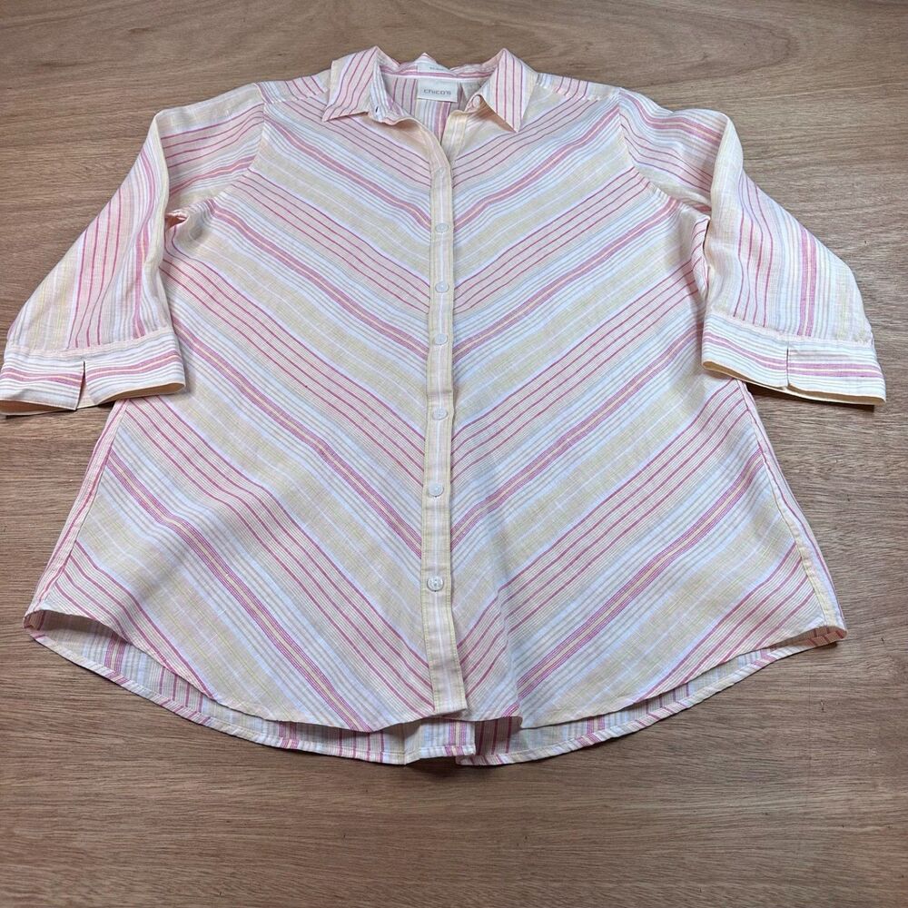 Chico’s 100% Linen Striped Button Front Blouse Women’s Size 1 (M) 3/4 Sleeve Top